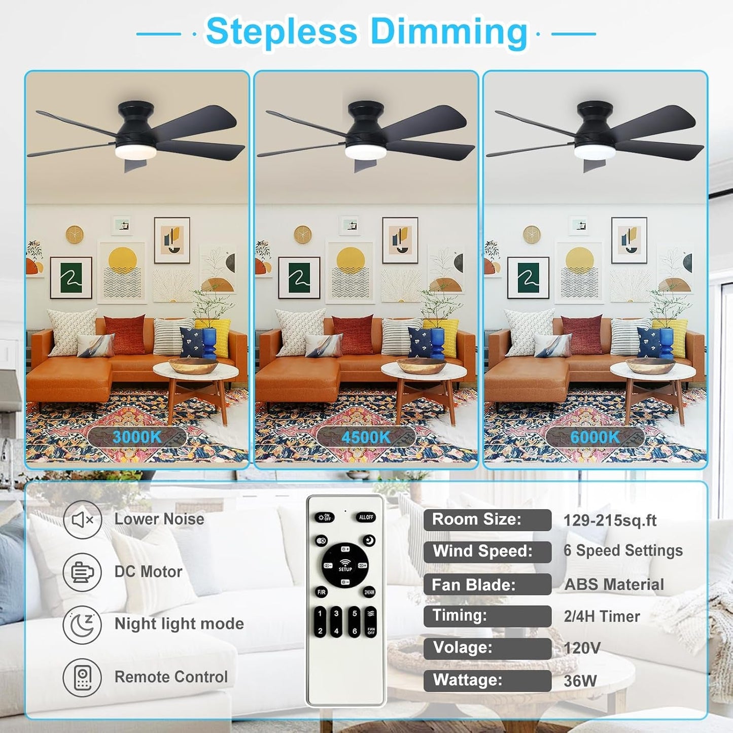 42 Inch Ceiling Fan With Dimmable LED Light Remote