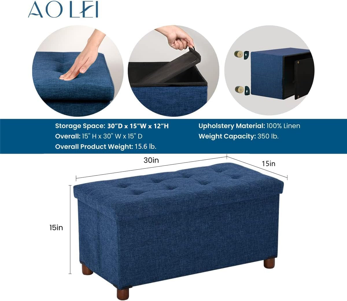 Blue Linen 30-Inch Storage Ottoman Bench Removable Lid