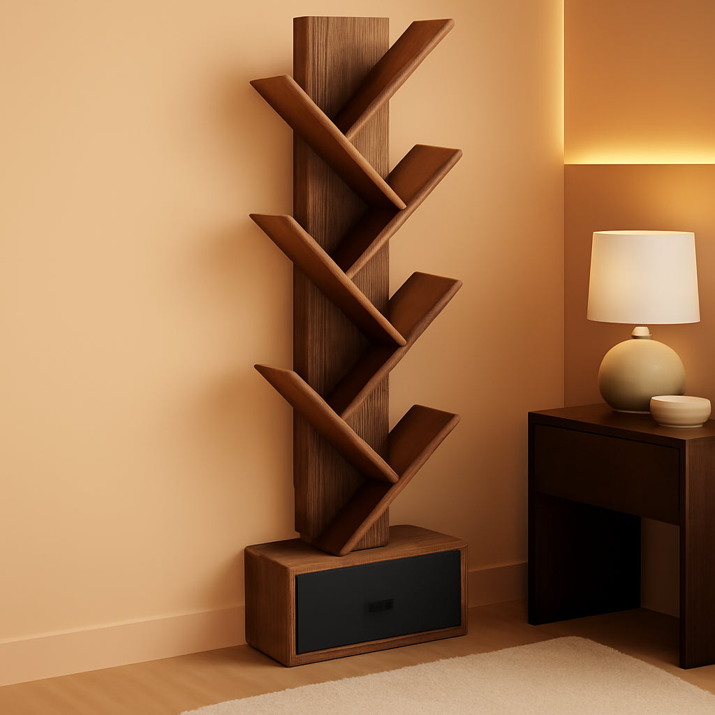 Rustic Brown 7 Shelf Tree Bookshelf With Drawer Living Room