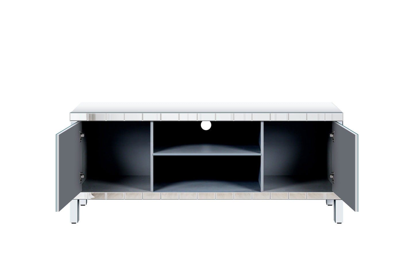 Mirrored TV Stand for 65+ inch TV,Sliver TV Console Table with Open Storage & 2 Storage Cabinets ,Diamond Shape Sparkling Mirror Doors for Living Room(59''W x 25.2''H x 15.7D)