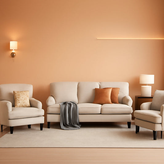 Three Piece Living Room Furniture Set With Linen Fabric Loveseat And Two Accent Chairs Off White