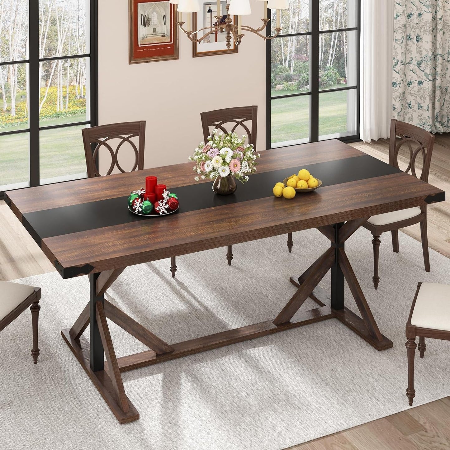 71 Inch Farmhouse Dining Table Waterproof Wood Grain Top