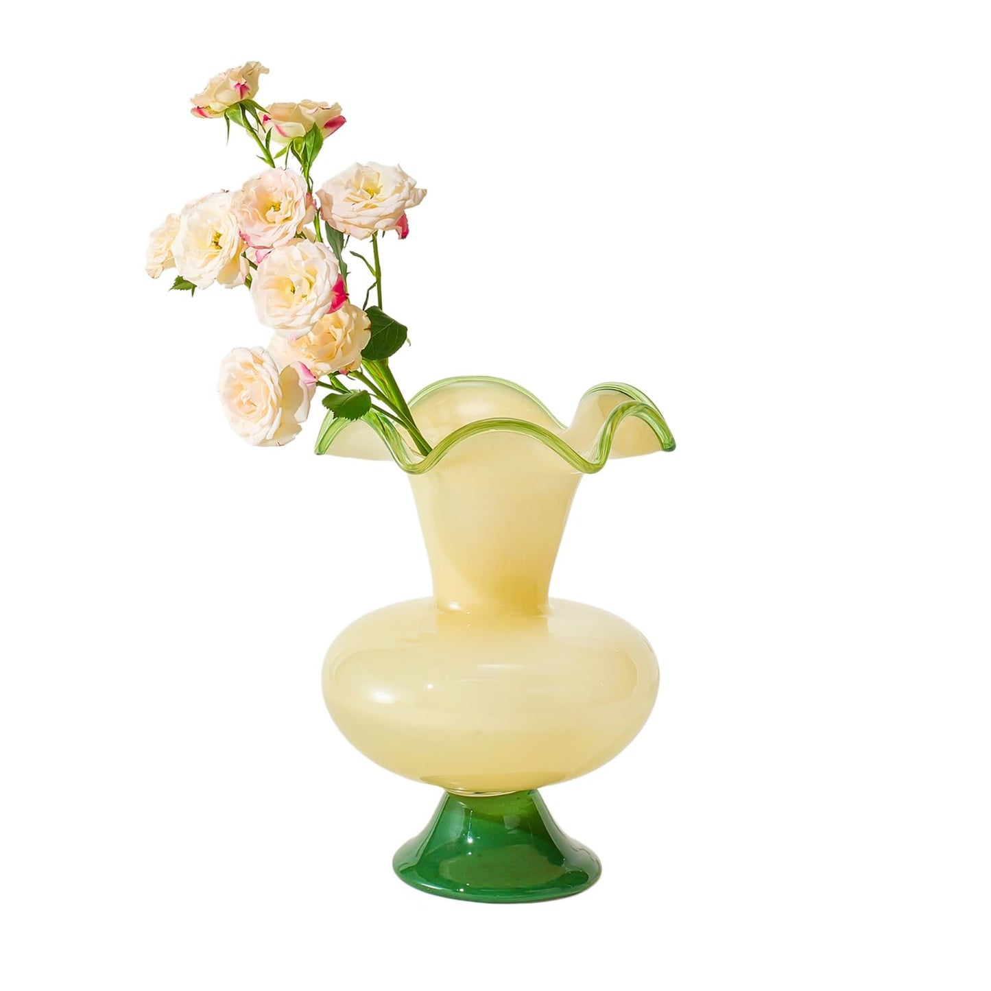Glass Meadow Hand-Blown Glass Flower Vase with wavy rim and pink roses, perfect for home décor.