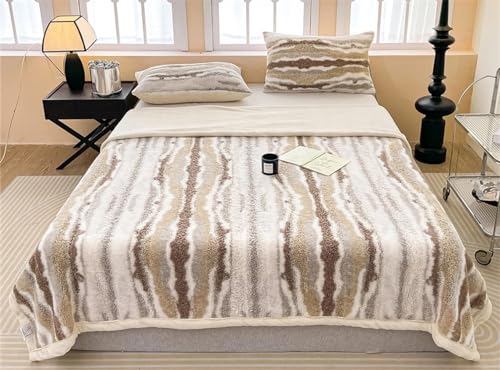 Fennco Styles Beige Stripe Fuzzy Faux Fur Fleece Throw Blanket 60" W x 80" L – Reversible Plush Fluffy Soft Blanket for Home, Couch, Bedroom, Living Room, Office, and Holiday Décor