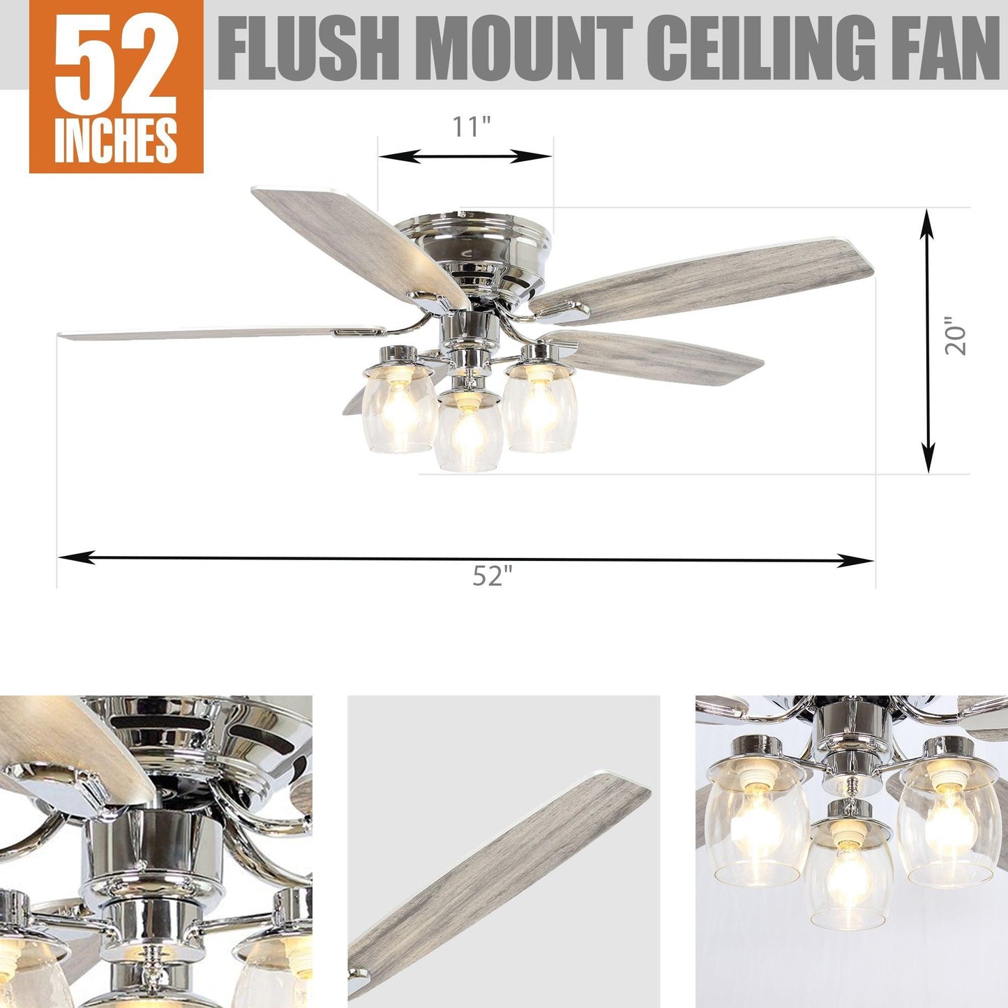 52" Bangatore Traditional Chrome Flush Mount Reversible Ceiling Fan with Lighting and Remote Control