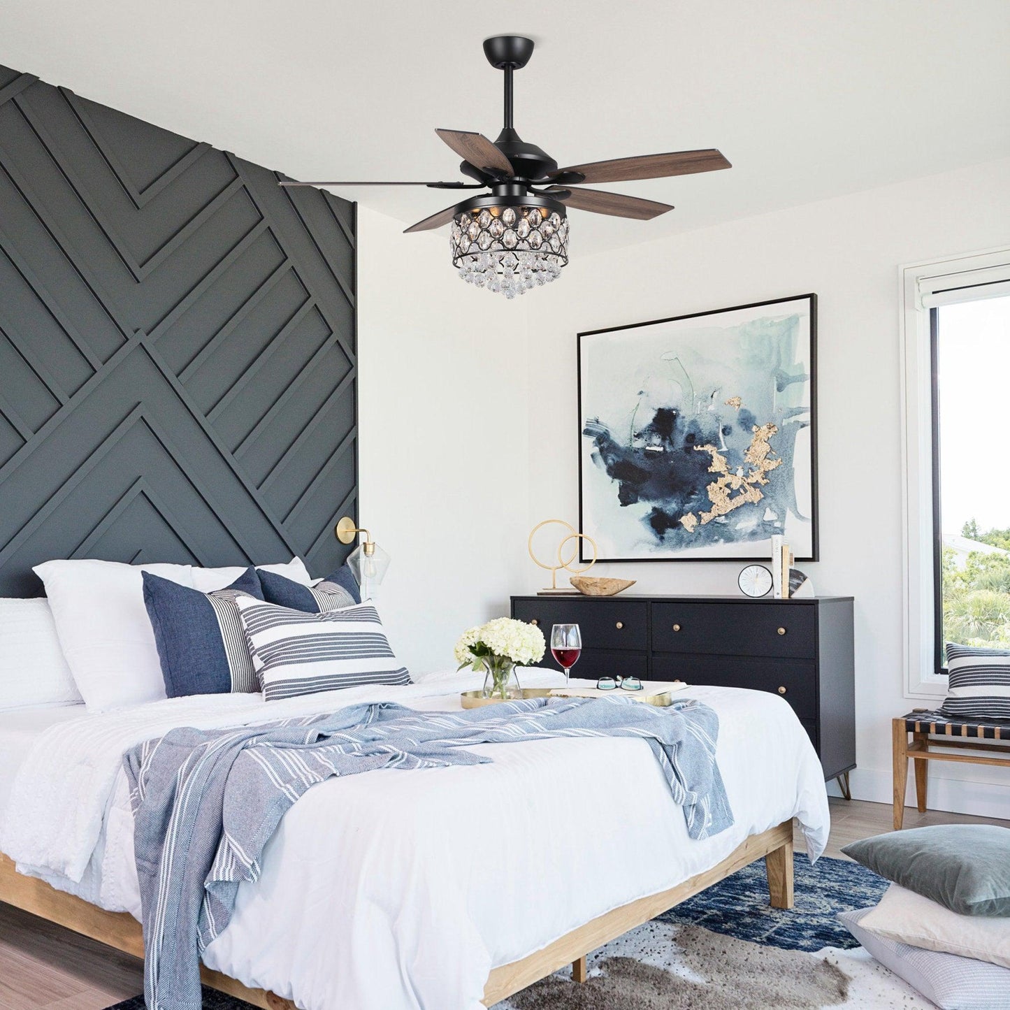 52" Berkshire Modern Downrod Mount Reversible Crystal Ceiling Fan with Lighting and Remote Control