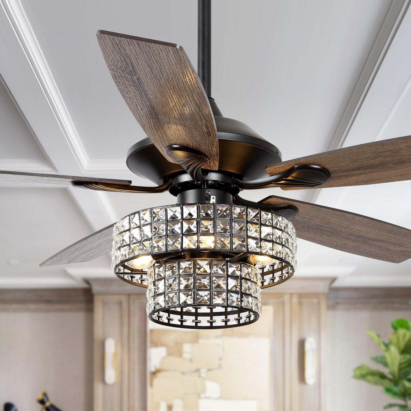 52" Nowthen Modern Crystal Chandelier Ceiling Fan With Led Light And Remote Control 5 Blades Chrome