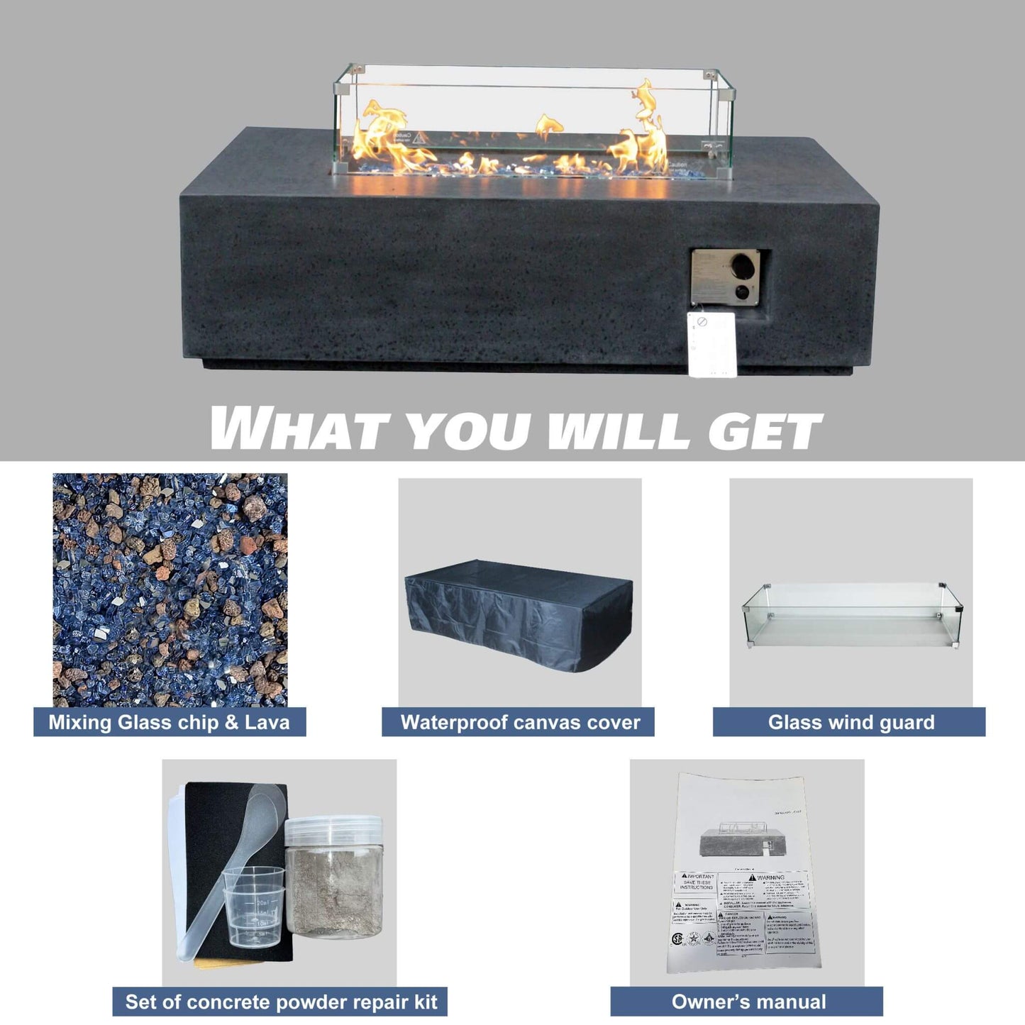 52" Outdoor Concrete Liquid Propane Rectangular Fire Pit Table (SAK84314)