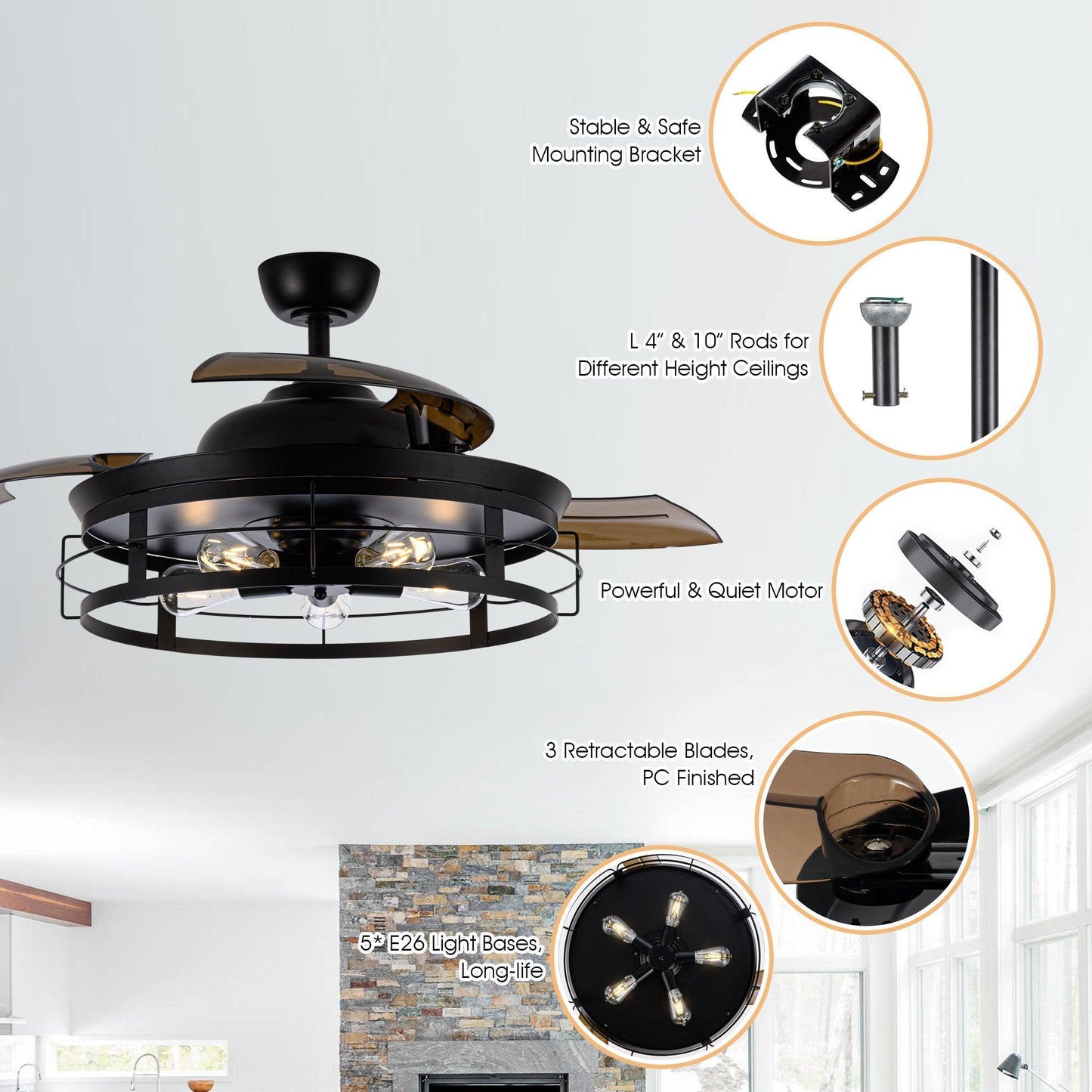 52" Industrial Downrod Mount Ceiling Fan With Lighting And Remote Control