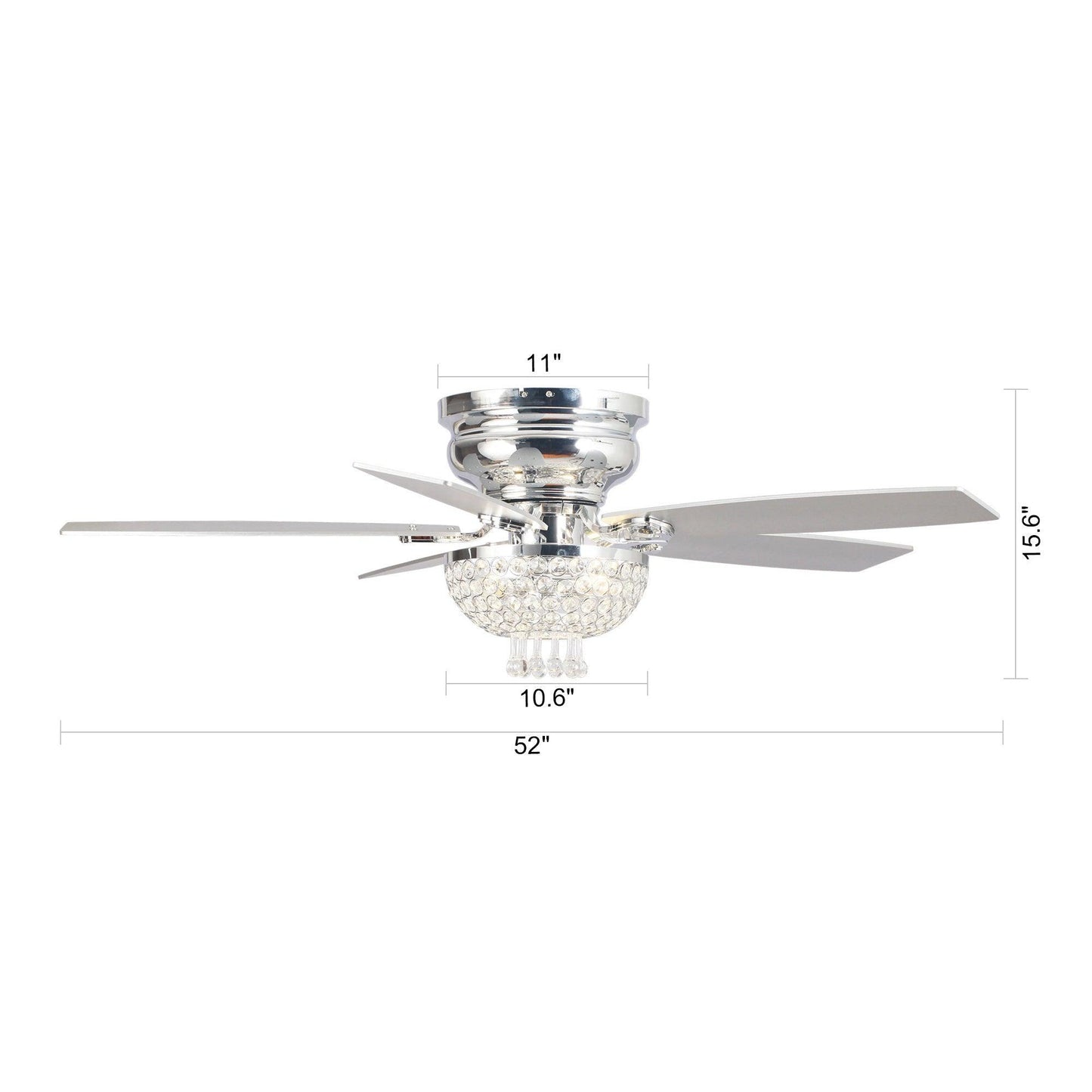 52" Modern Chrome Flush Mount Reversible Crystal Ceiling Fan With Lighting And Remote Control