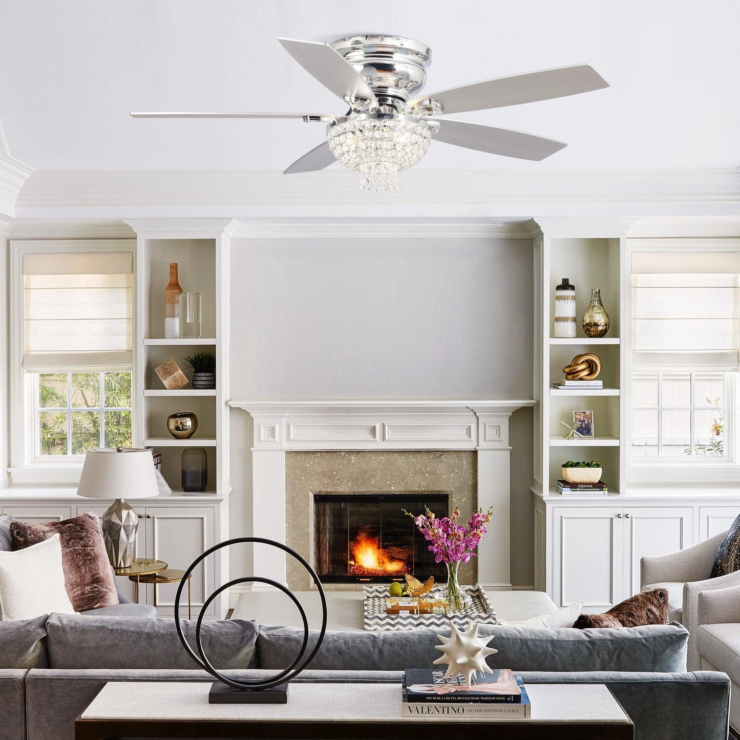 52" Modern Chrome Flush Mount Reversible Crystal Ceiling Fan With Lighting And Remote Control