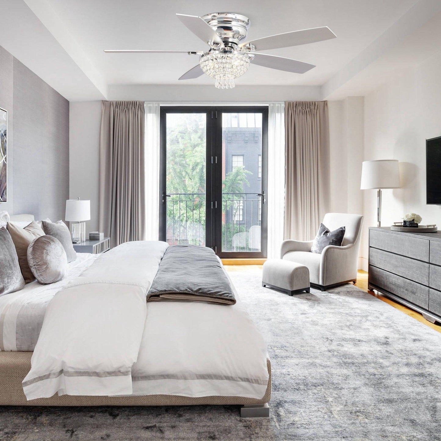 52" Modern Chrome Flush Mount Reversible Crystal Ceiling Fan With Lighting And Remote Control