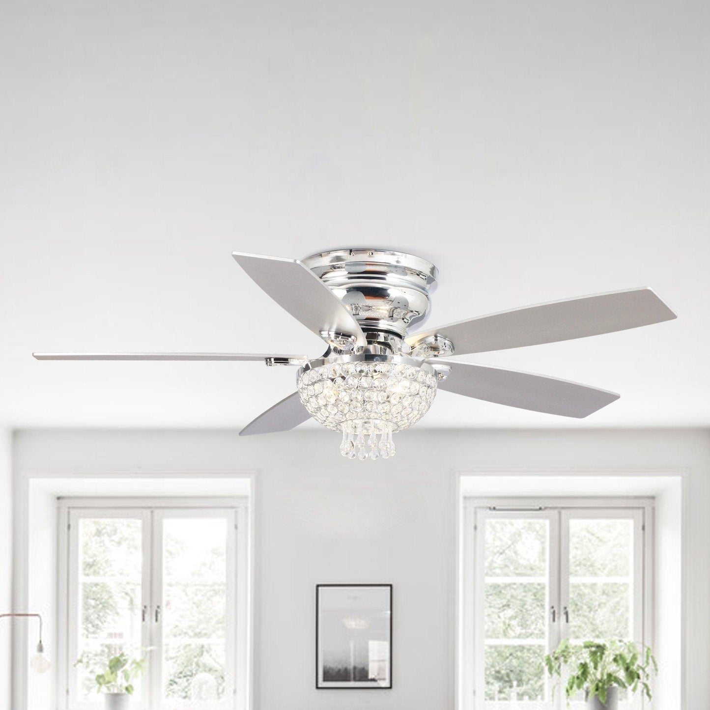 52" Modern Chrome Flush Mount Reversible Crystal Ceiling Fan With Lighting And Remote Control
