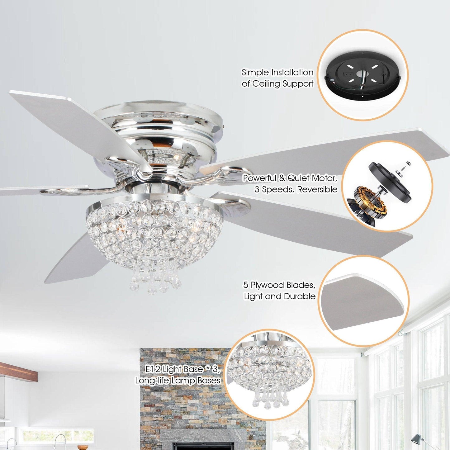 52" Modern Chrome Flush Mount Reversible Crystal Ceiling Fan With Lighting And Remote Control