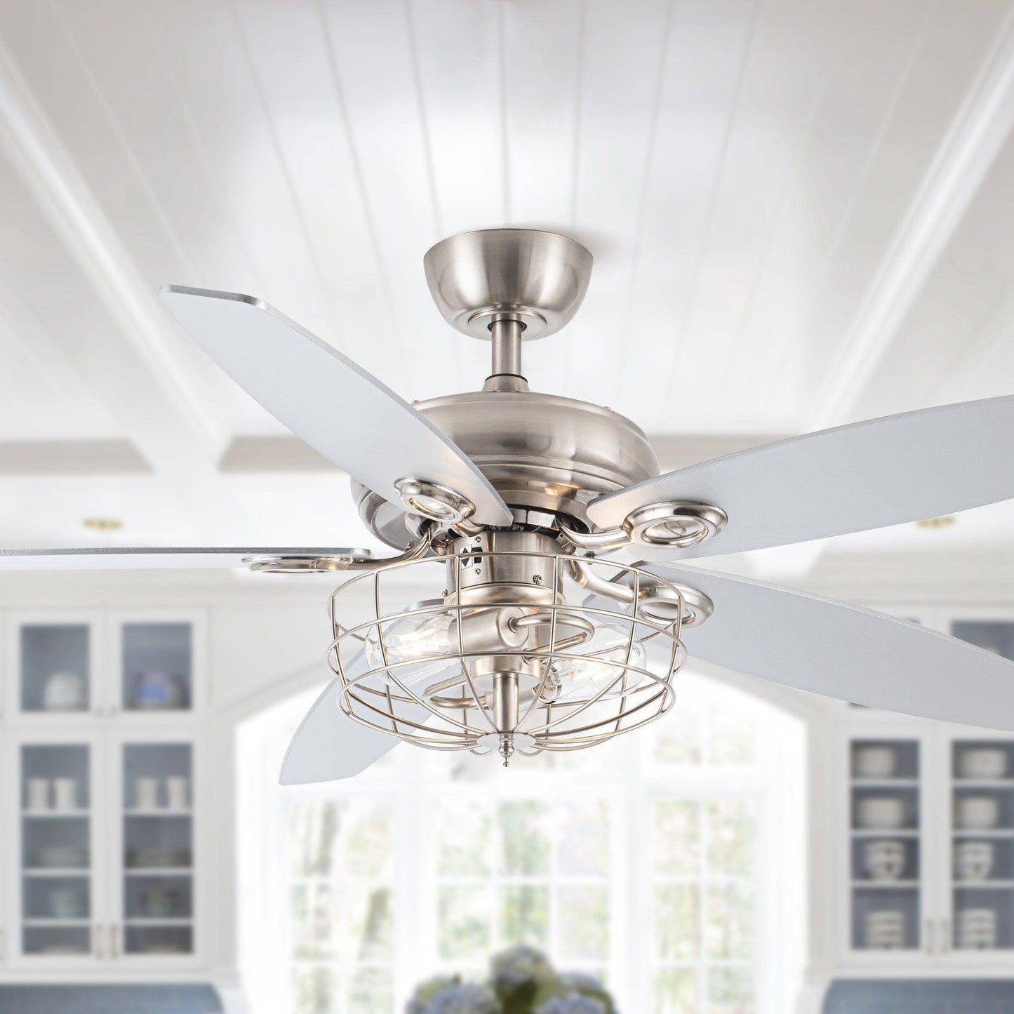 52" Kyla Industrial Caged Ceiling Fan With Light Remote Control Satin Nickel