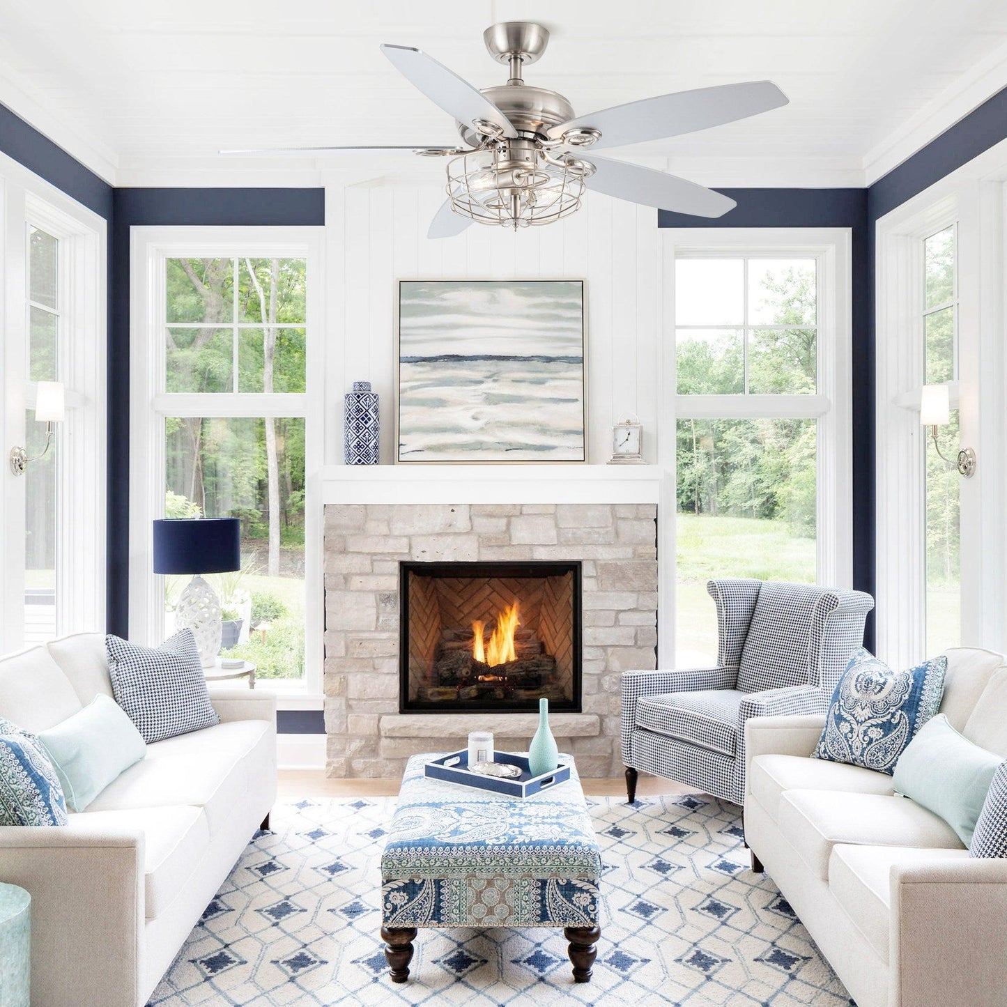 52" Kyla Industrial Caged Ceiling Fan With Light Remote Control Satin Nickel