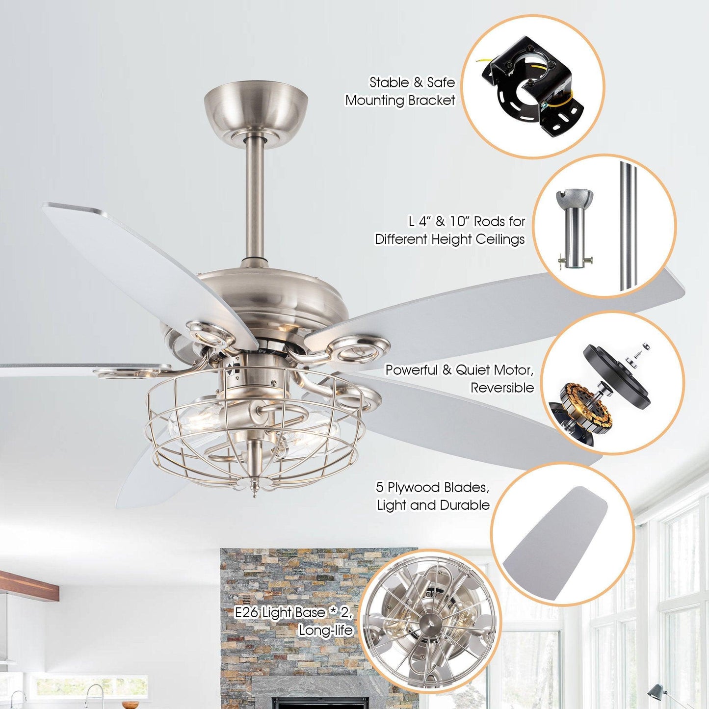 52" Kyla Industrial Caged Ceiling Fan With Light Remote Control Satin Nickel