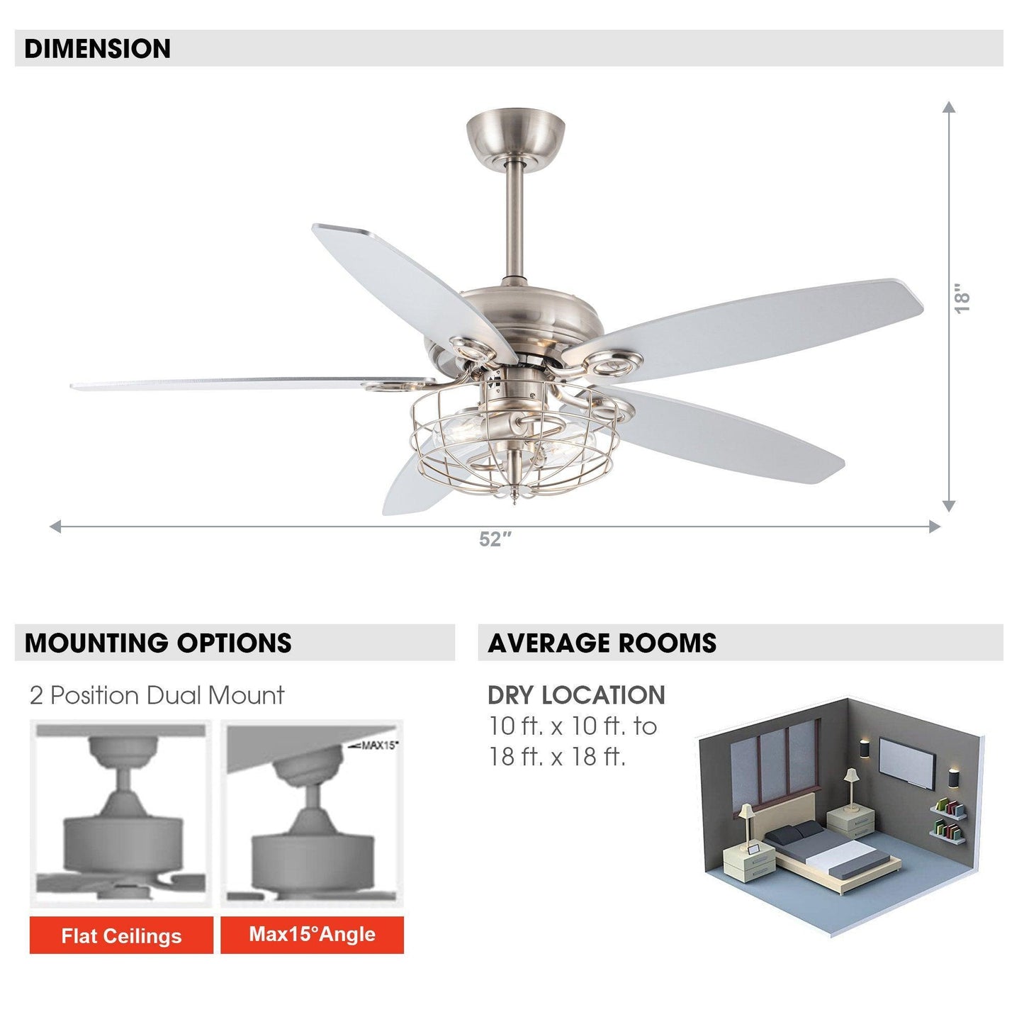 52" Kyla Industrial Caged Ceiling Fan With Light Remote Control Satin Nickel
