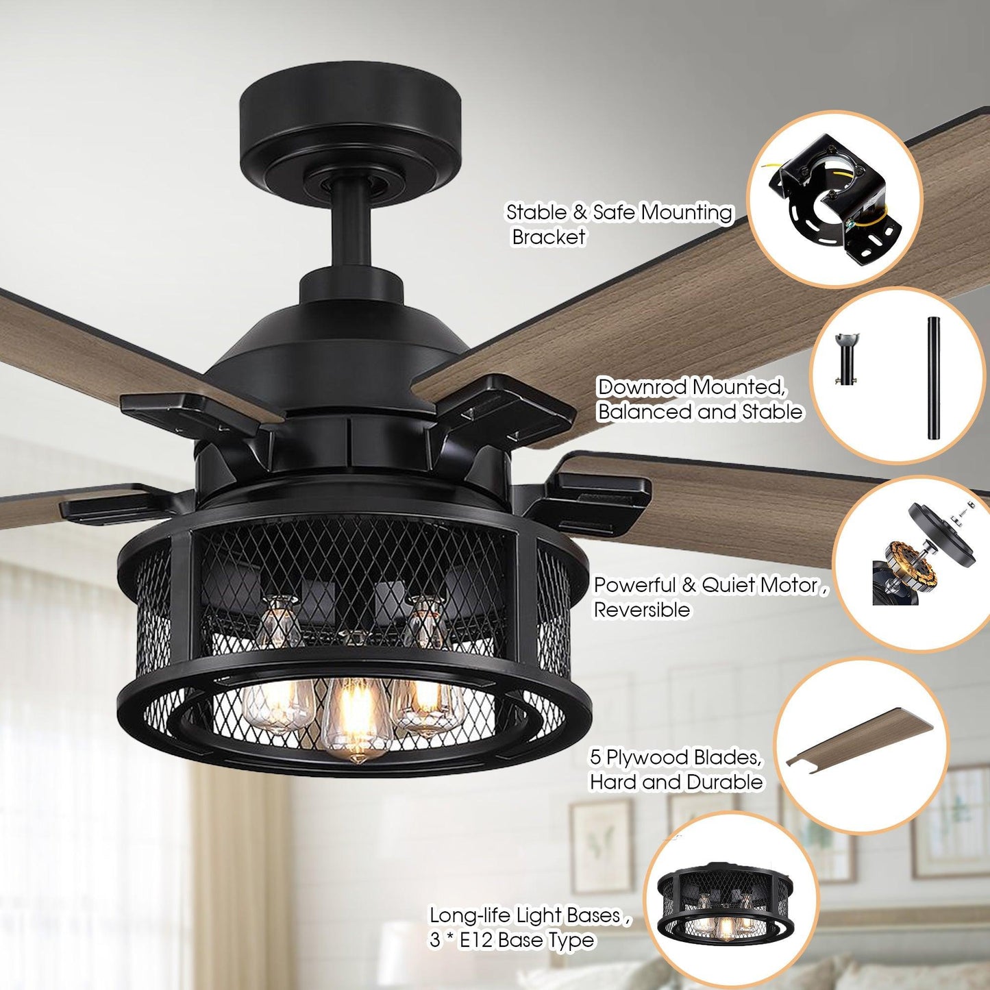 52 Industrial Reversible 5 Blade Mesh Led Ceiling Fan
