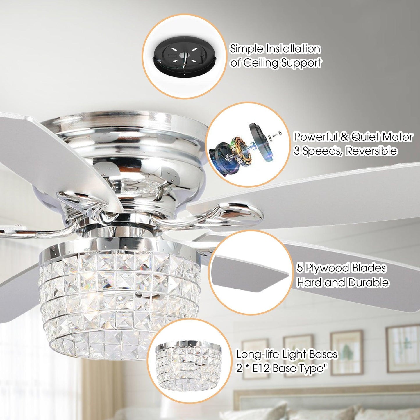 52" Panipat Modern Chrome Flush Mount Reversible Crystal Ceiling Fan with Lighting and Remote Control