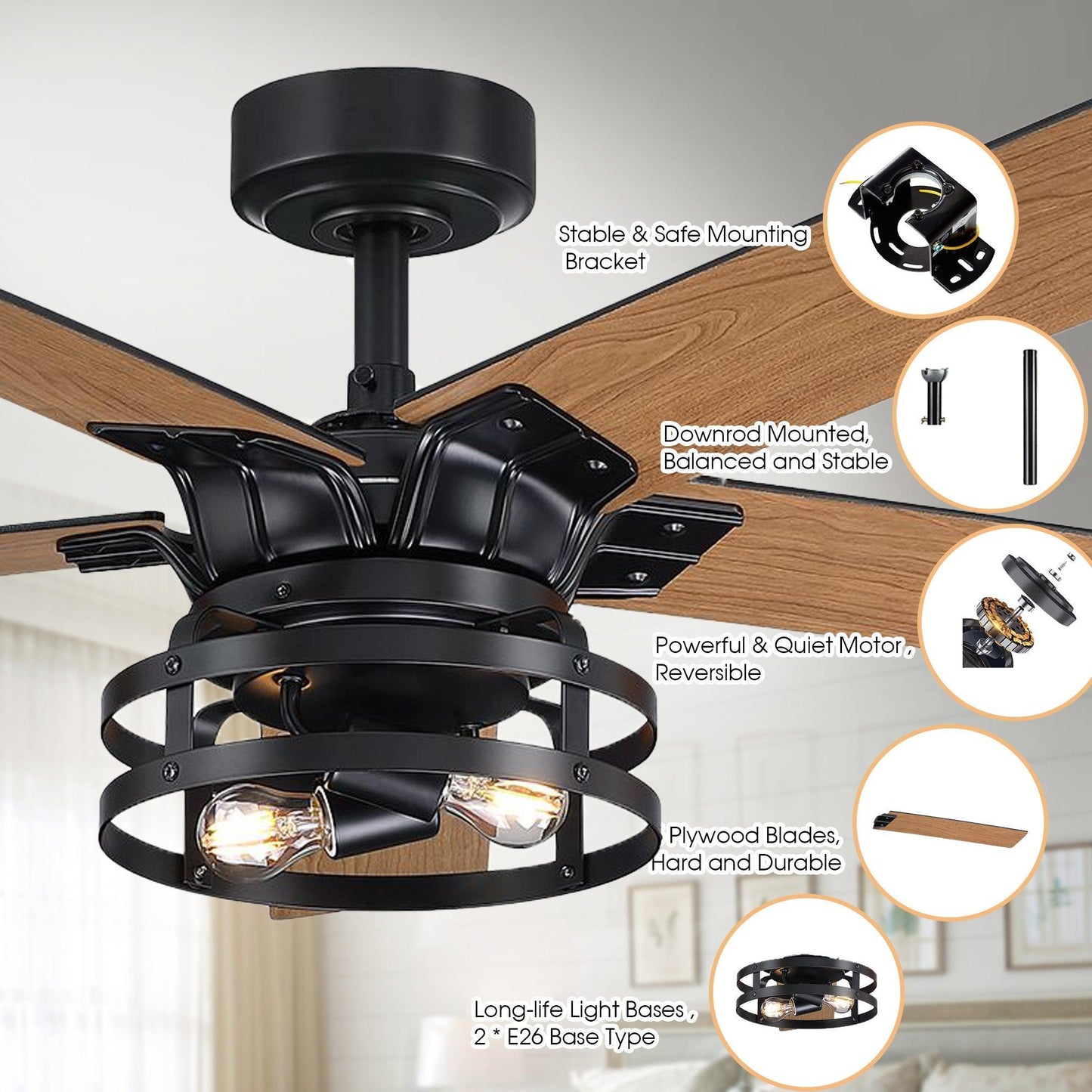 52" Industrial Reversible 5 Blade Led Ceiling Fan