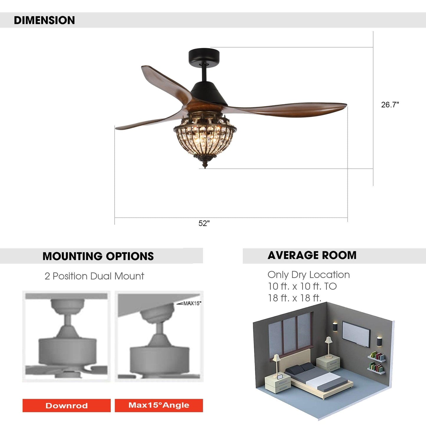52" Vicky Indoor 3-Blade Rustic Crystal Ceiling Fan With Remote And Light Kit Included
