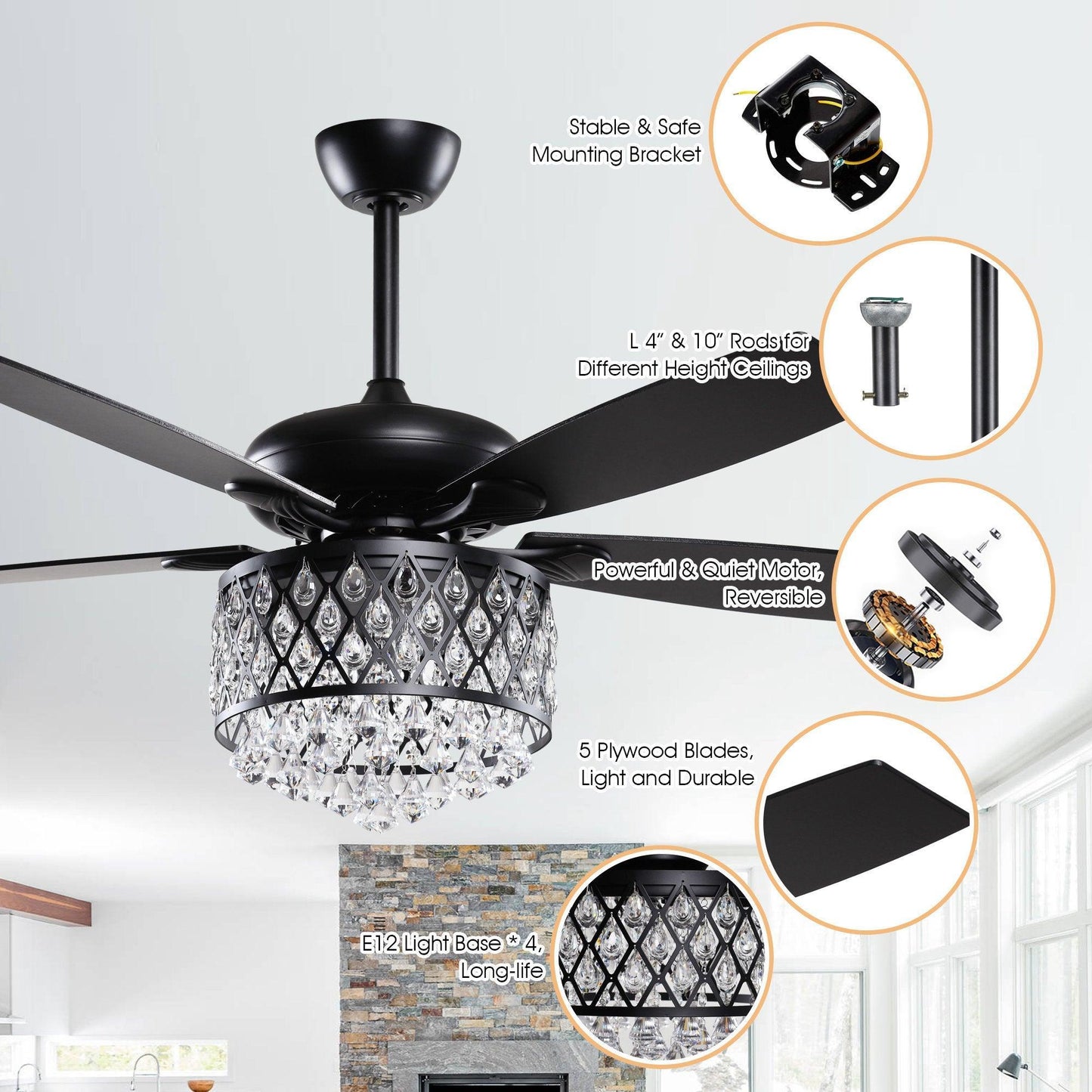 52” Wethington Modern Crystal Chandelier Ceiling Fan With Light And Remote Control Black