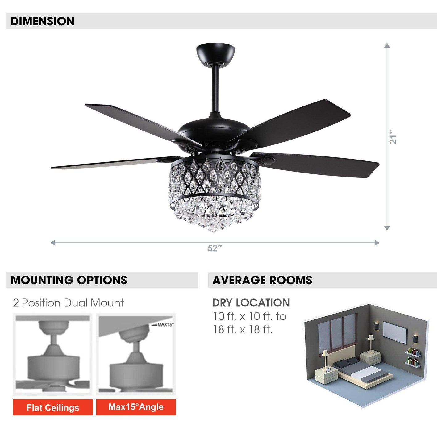 52” Wethington Modern Crystal Chandelier Ceiling Fan With Light And Remote Control Black