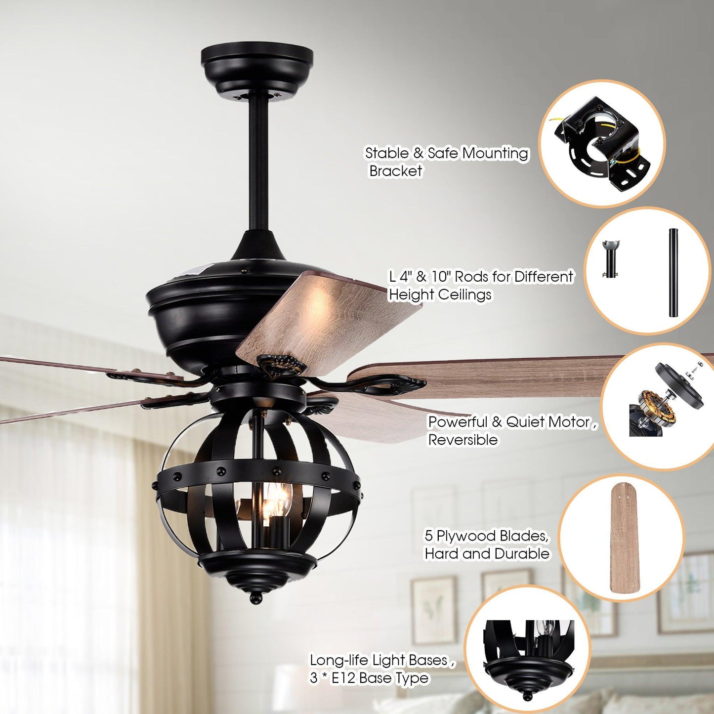 52" Wilburton Industrial Downrod Mount Reversible Ceiling Fan with Lighting and Remote Control