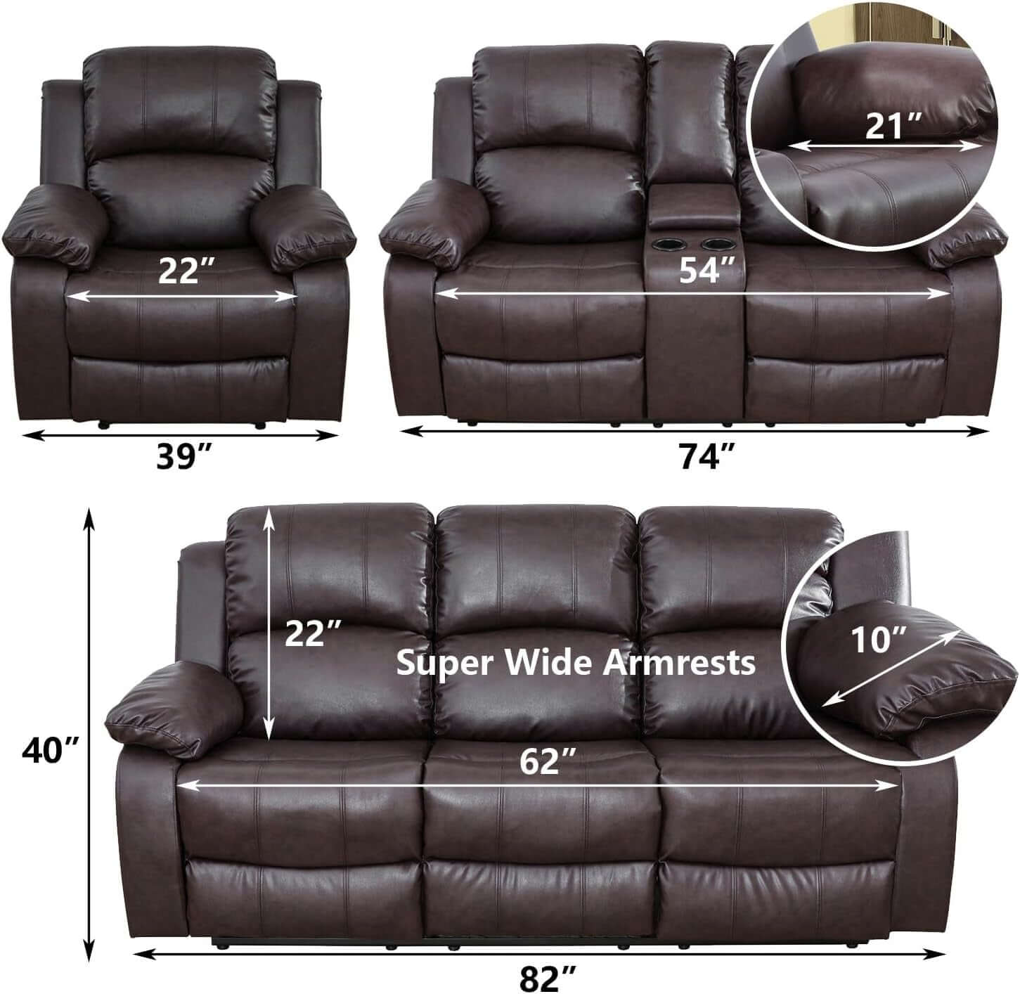 Brown Faux Leather Reclining Living Room Set Sofa Loveseat Chair dimensions with measurements and features.