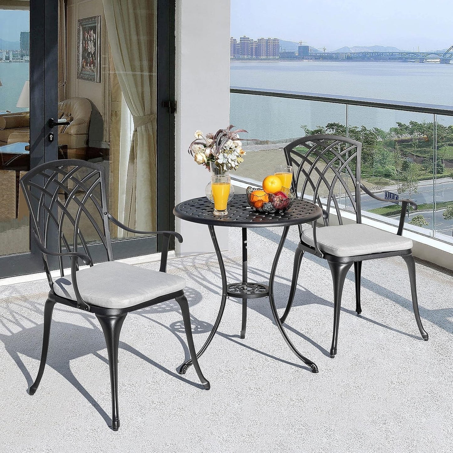 Outdoor Cast Aluminum Bistro Set 3 Piece With Umbrella Hole Gray Cushions