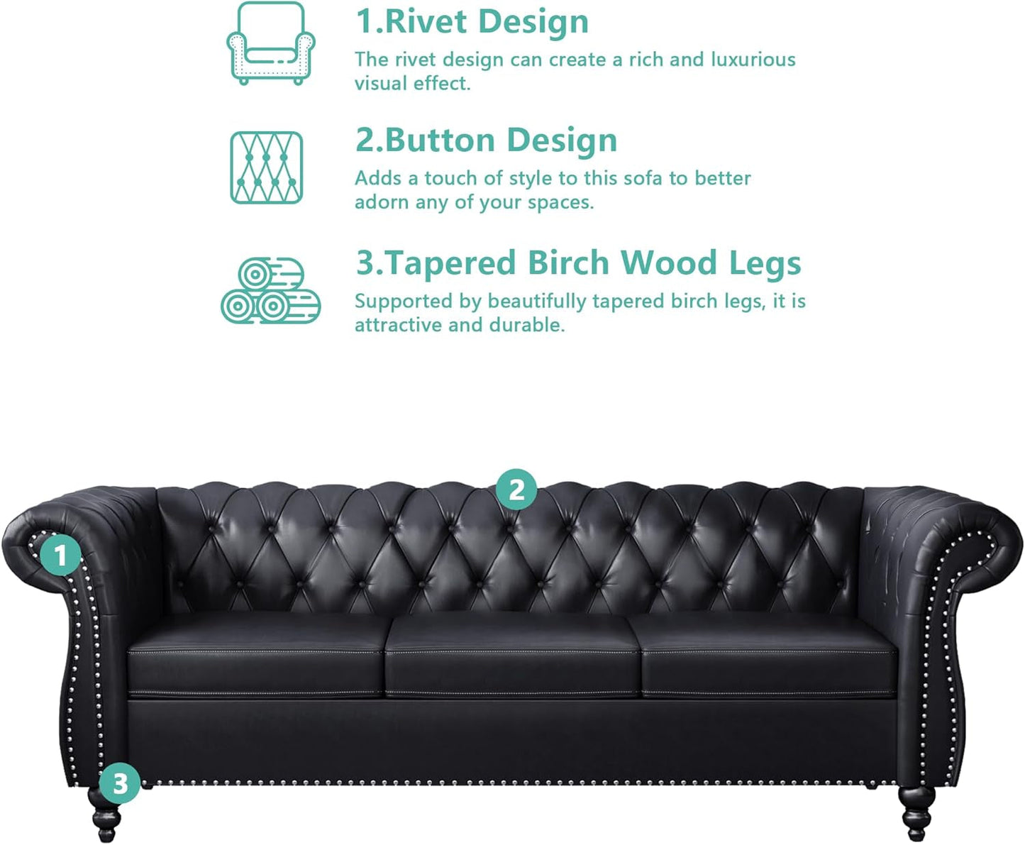 3 Piece Living Room Set Sectional Chesterfield Sofa Chair Artificial Leather Black