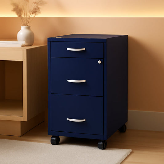 18 Inch Deep 3 Drawer Mobile Metal File Cabinet Navy With Cam Lock For Office Organization