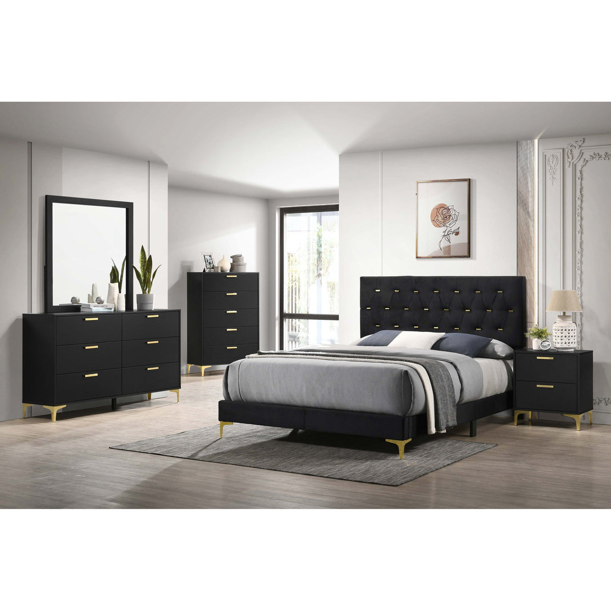 Lexie Black/Gold Diamond Tufted California King Panel Bed