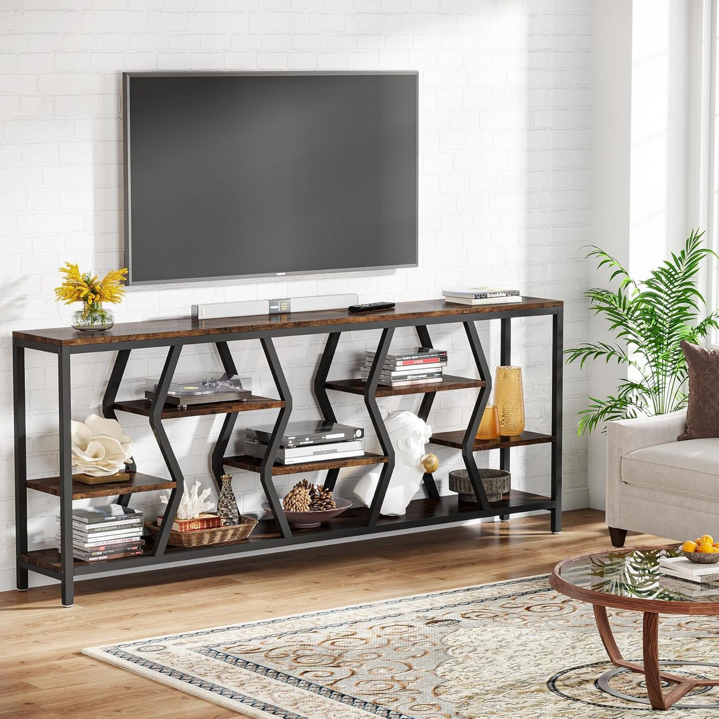 70.9 Inches Sofa Console Table with 4 Tier Wood Storage Shelves