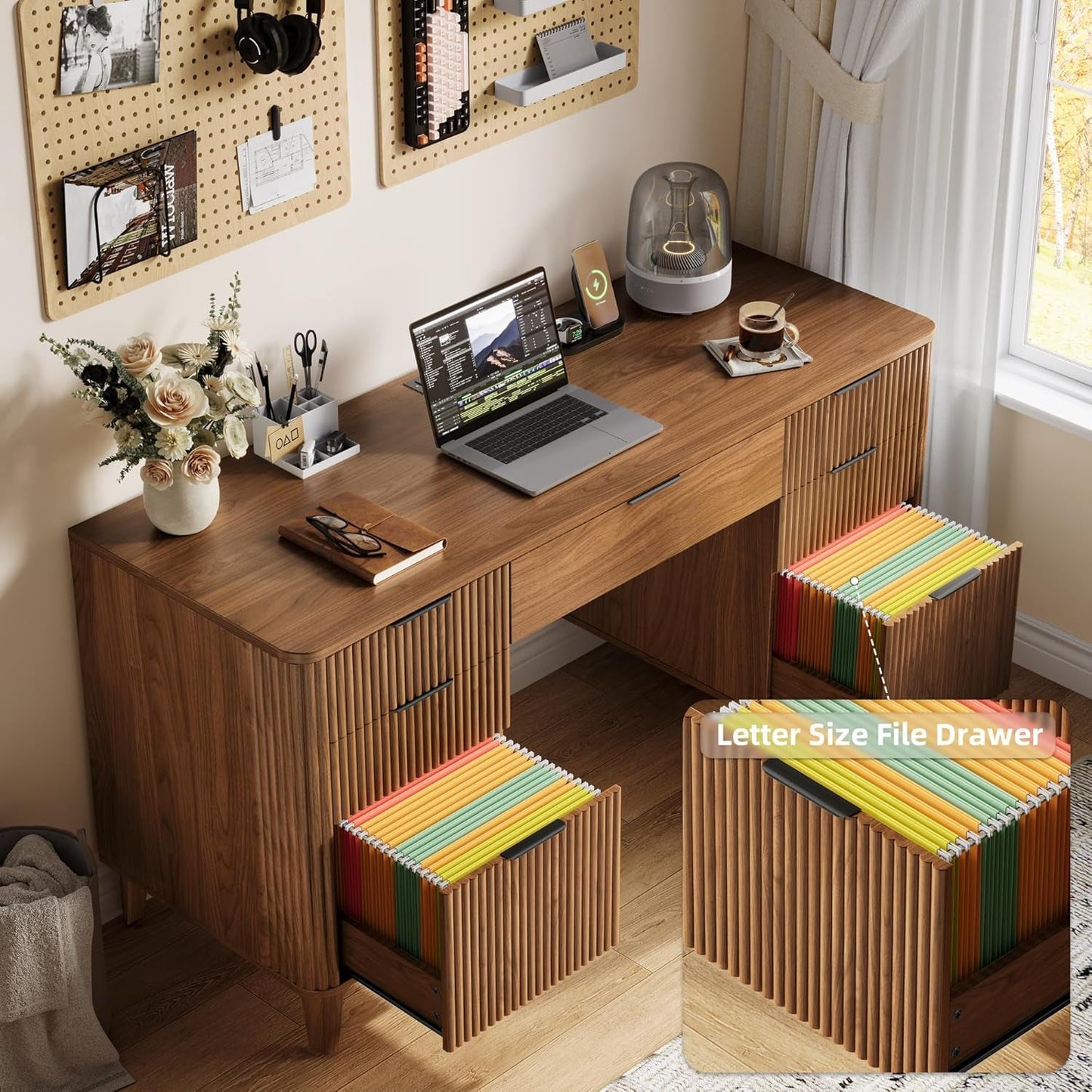 55 Inch Walnut Finish Executive Desk With Charging Port Unit