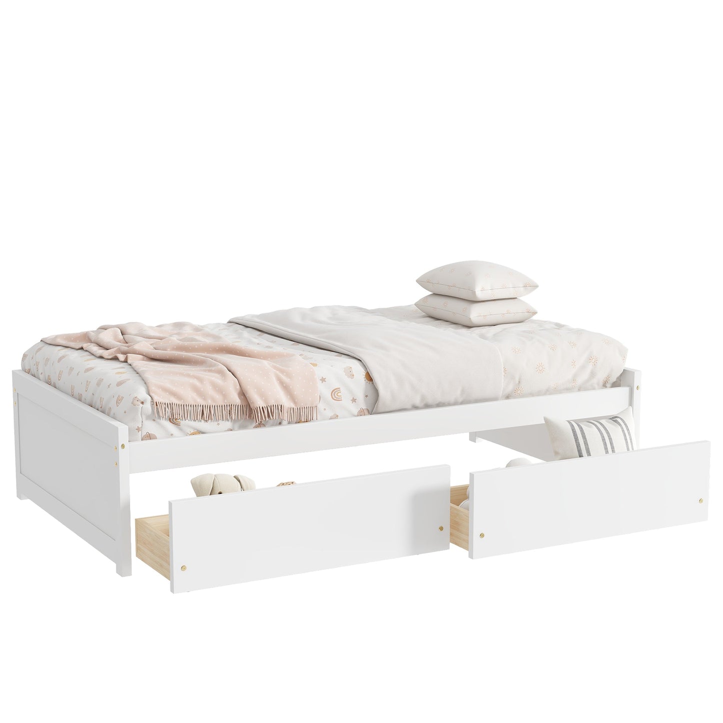 Twin Size Bed with 2 Drawers, Solid Rubber Wood Bed,White