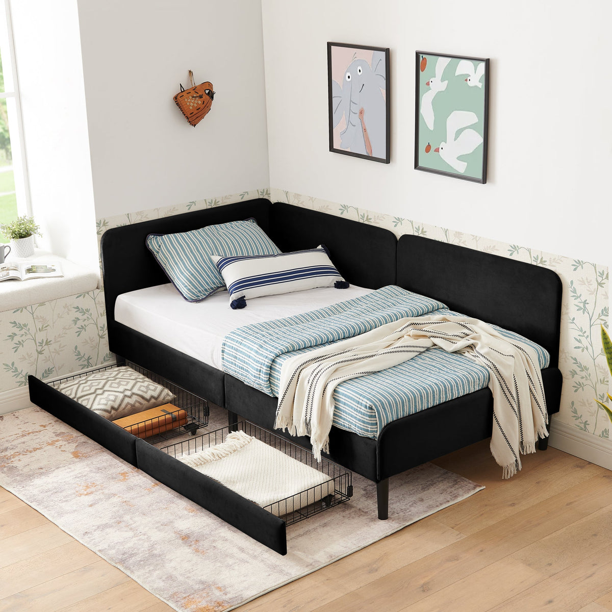 Twin Size Upholstered Platform Bed Frame with 2 Storage Drawers