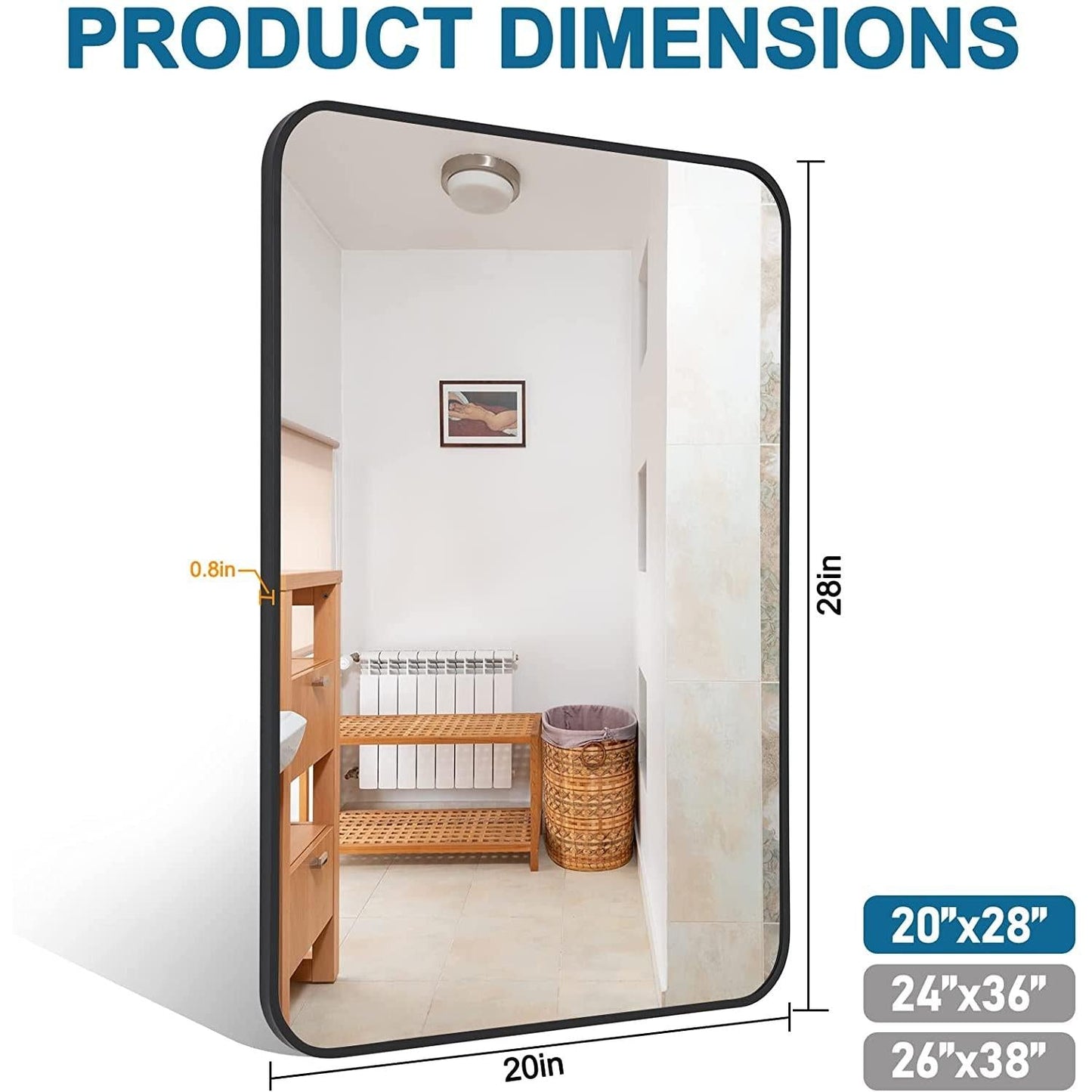 Black Metal Framed Bathroom Wall Mirror With Thin Frame product dimensions, showing size options and slim design features.