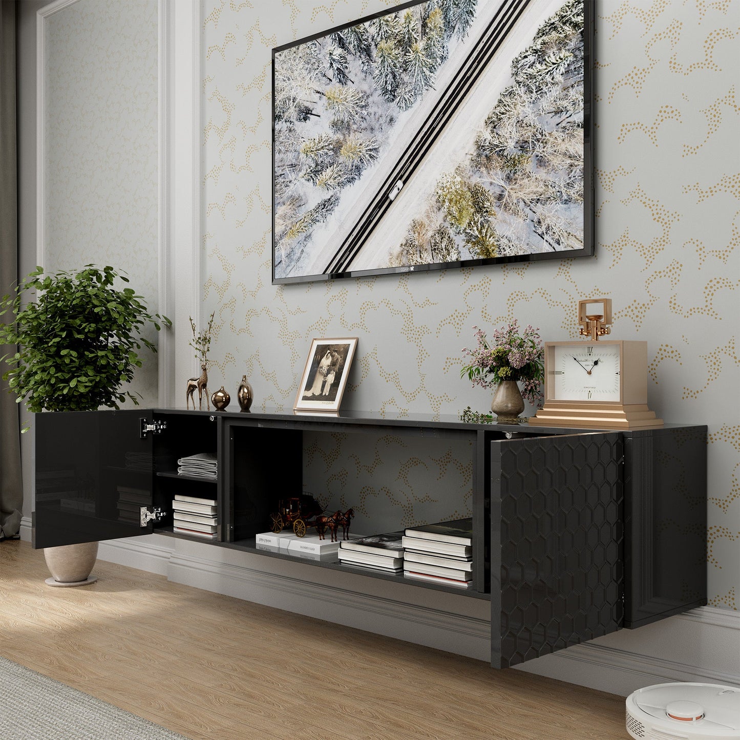 Floating TV Wall Mount Stand for 80 Inch TVs - Sturdy Wood Console, High Weight Capacity & Hidden Cable Management, Contemporary Style (Black)