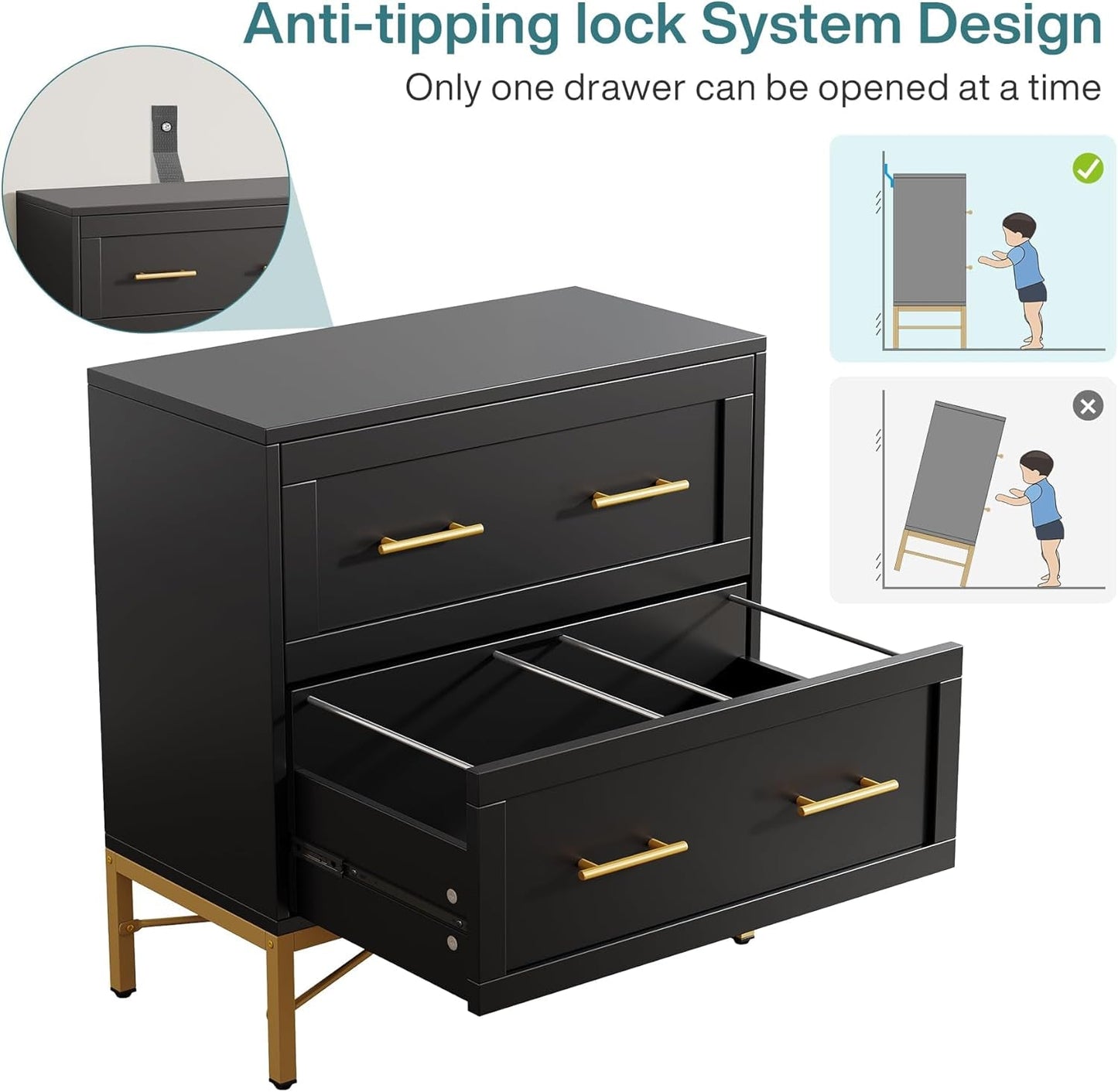 Black Gold 2 Drawer Lateral File Cabinet For Home Office