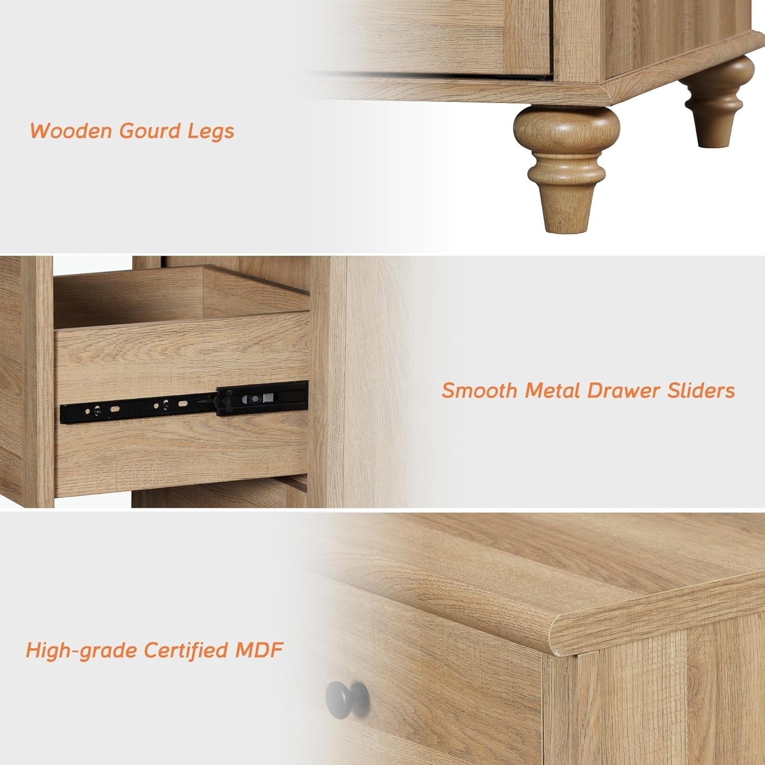 Oak Buffet Cabinet 68 Inch With 4 Doors And 2 Drawers features wooden gourd legs, smooth metal drawer sliders, and high-grade MDF.