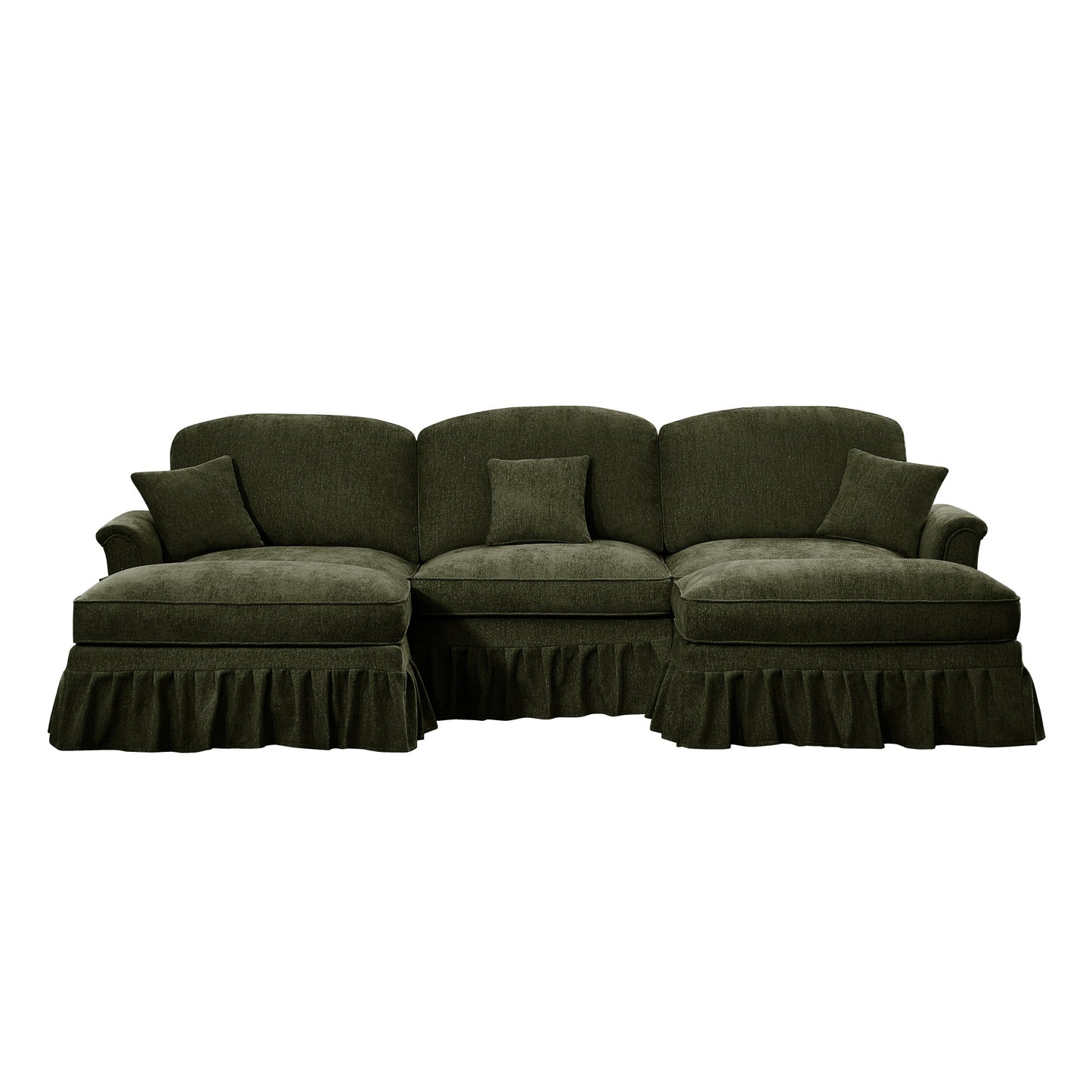 Classic Comfy Modular U Shape Sectional Sofa Couch with Flared Arms and Removable Ruffles Pleats Skirts and Spindle Legs, Upholstered Chenille Deep Seat Cloud Sofa with Movable Ottomans,Green