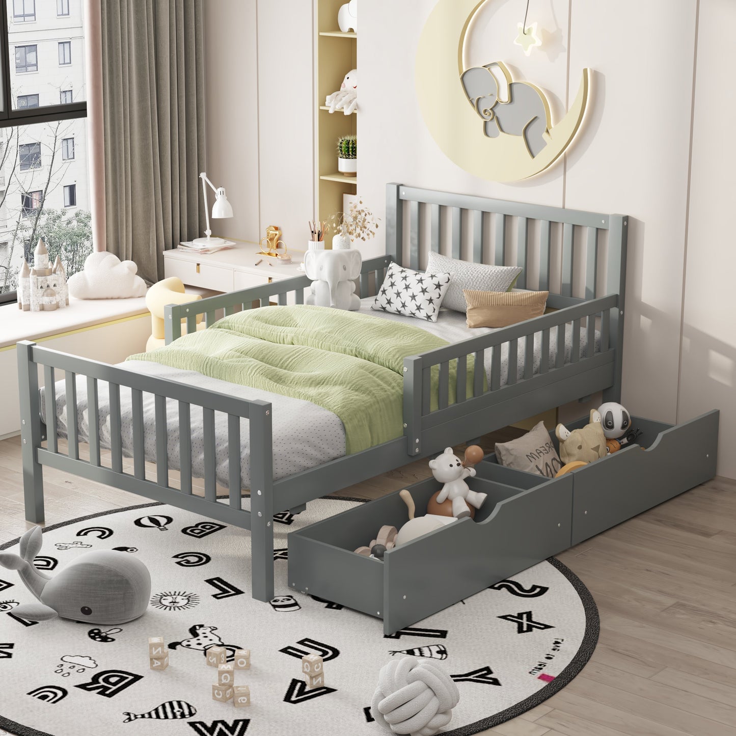 Twin Size Wood Platform Bed with Guardrails on Both Sides and Two Storage Drawers