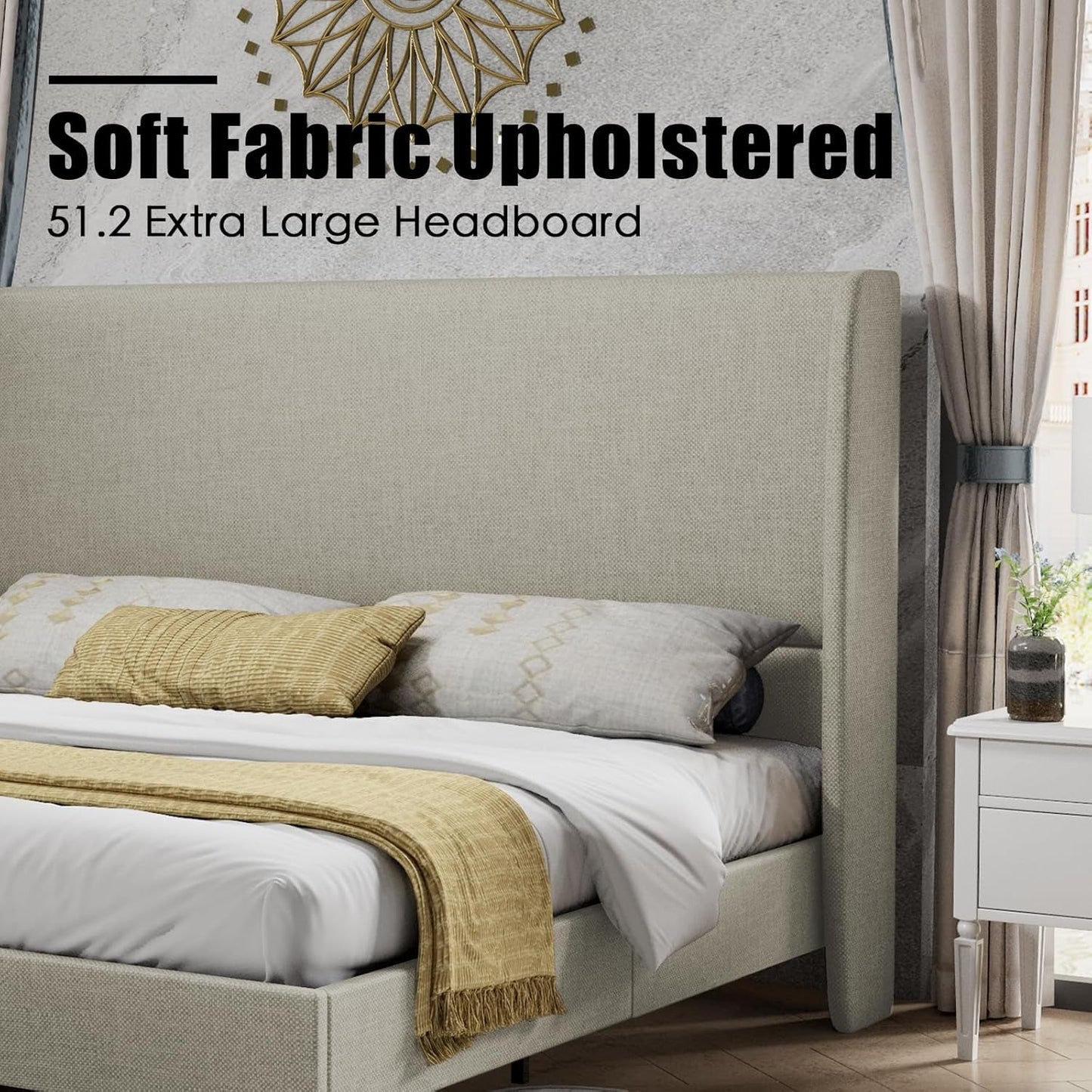 King Size Wingback Headboard Upholstered Bed Frame Khaki