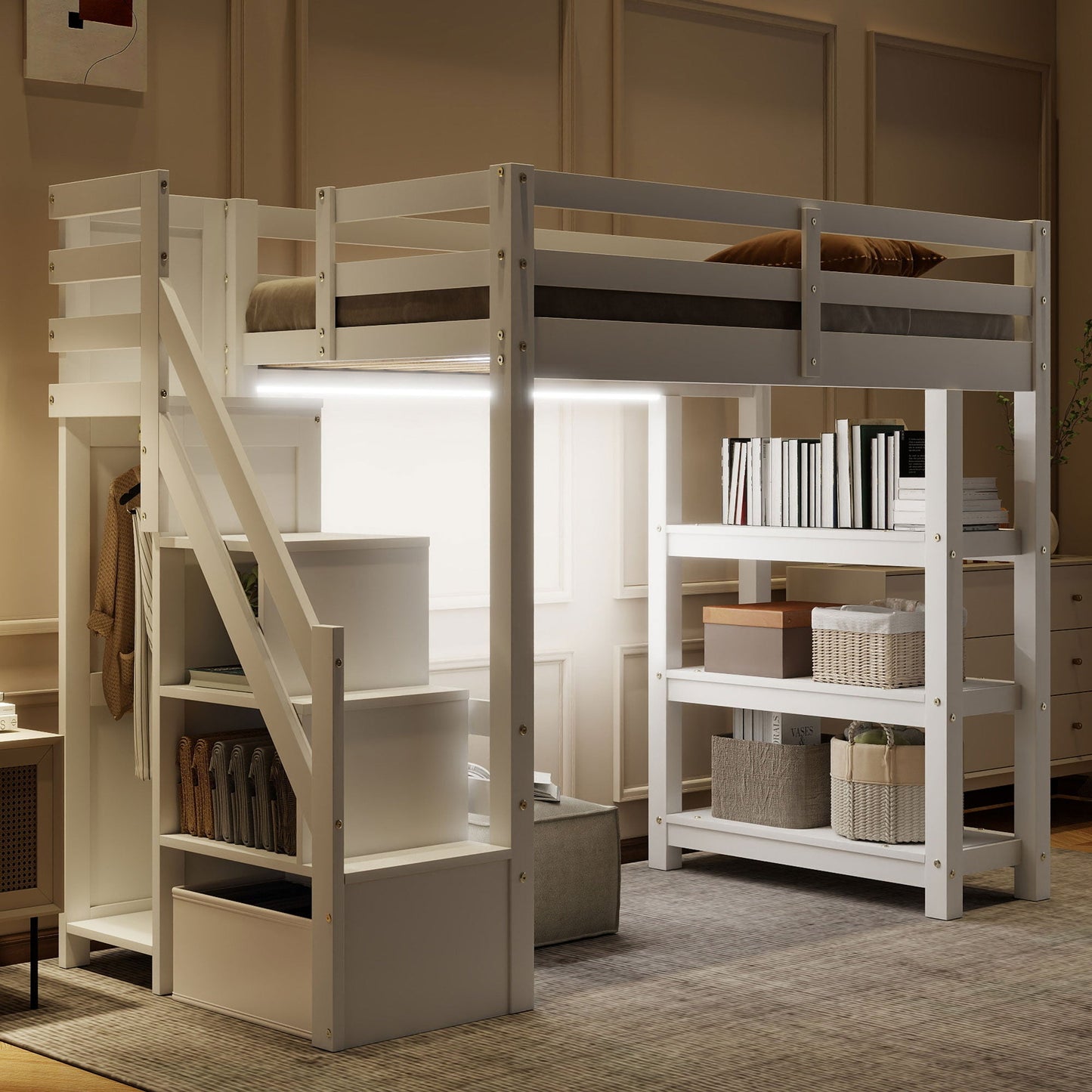 Twin Size Loft Bed with Shelves and Storage Staircase
