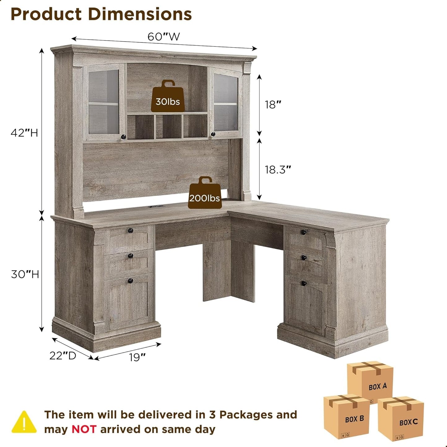 60-Inch L-Shaped Desk With Hutch Light Rustic Oak Finish
