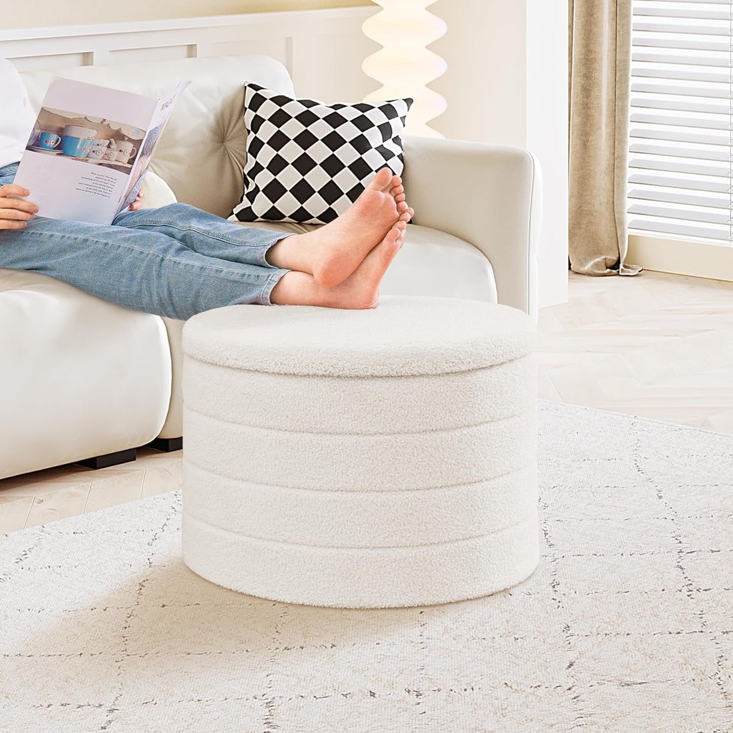 Rounded White Luxurious Boucle Storage Ottoman Lid