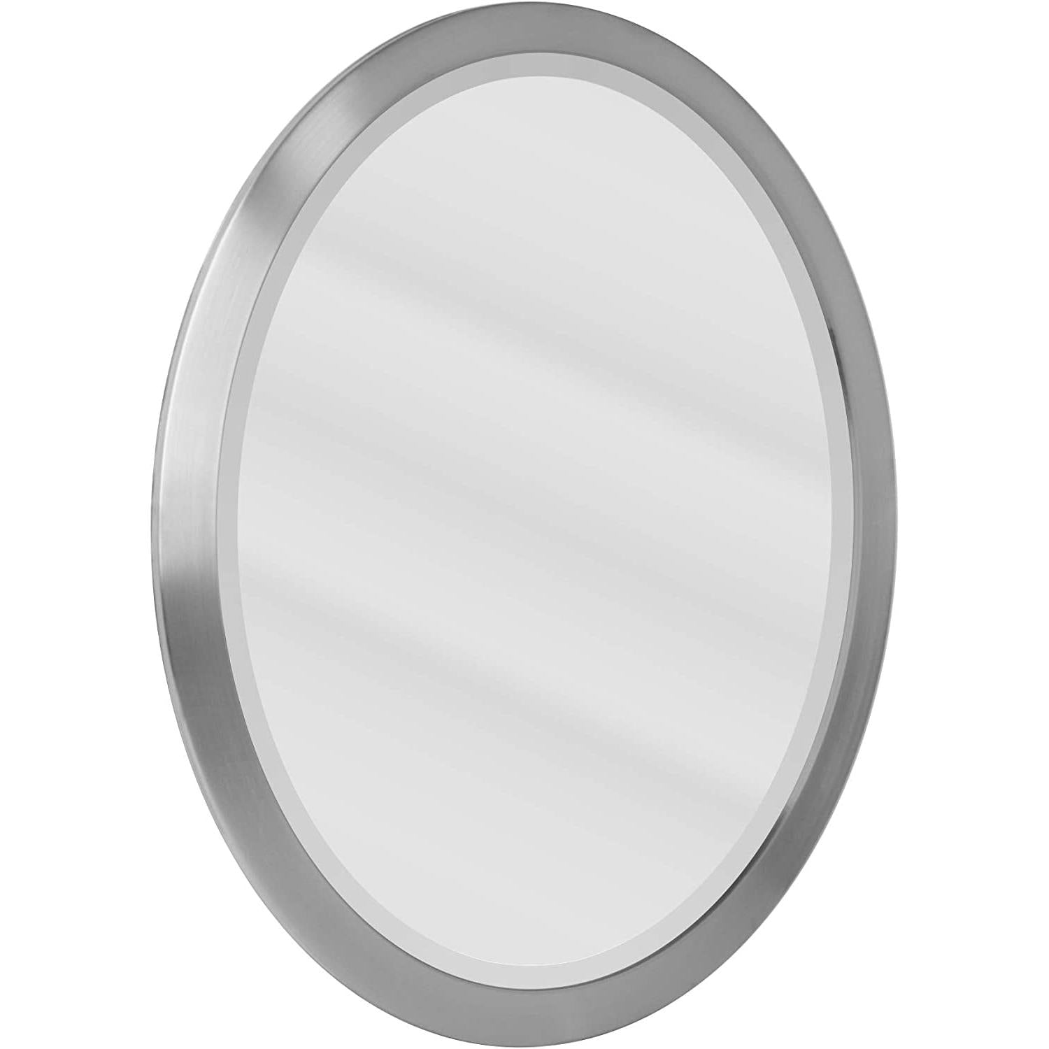 Brushed Nickel Oval Framed Vanity Mirror Beveled Edge showcasing a sleek round mirror with a brushed nickel frame.