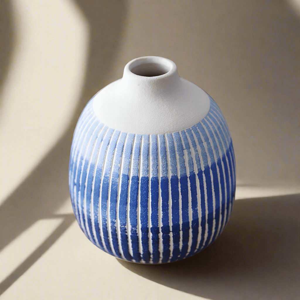 Blue and White Textured Ceramic Bud Vase